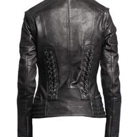 Women Black Biker Motorcycle Fashion Desinger leather jacket with 100% Polyester lining - Thumbnail 1