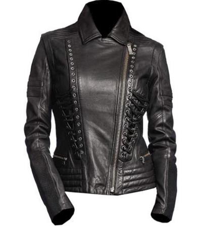 Women Black Biker Motorcycle Fashion Desinger leather jacket with 100% Polyester lining