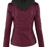 Women's Hooded Maroon Biker Motorcycle Faux Leather Jacket Stylish Slim Fit Maroon Ladies Jacket - Thumbnail 3