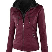 Women's Hooded Maroon Biker Motorcycle Faux Leather Jacket Stylish Slim Fit Maroon Ladies Jacket - Thumbnail 2