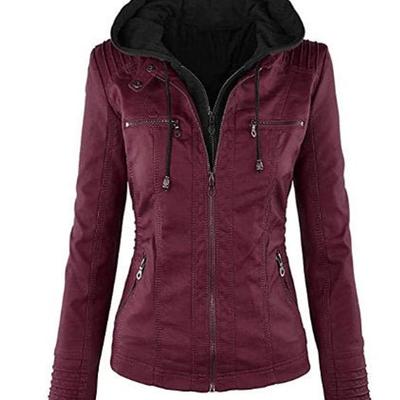 Women's hooded maroon biker motorcycle faux leather jacket stylish slim fit maroon ladies jacket - Thumbnail 2