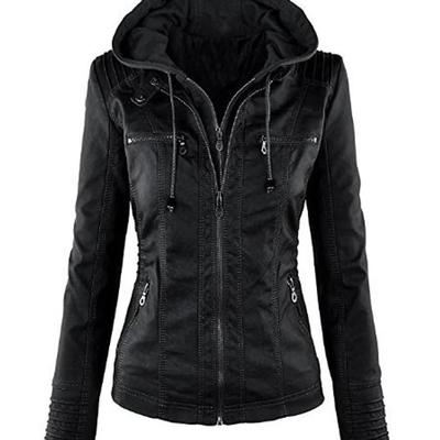 Women's hooded black biker motorcycle faux leather jacket stylish slim fit black ladies jacket - Thumbnail 2