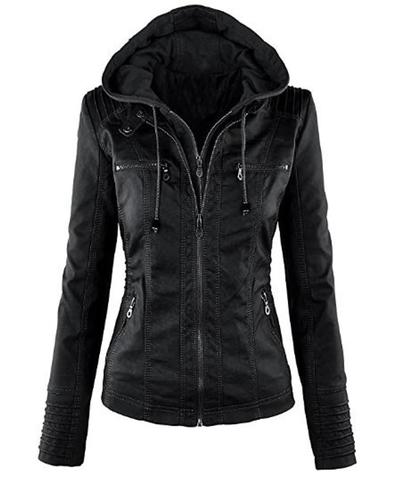 Women's Hooded Black Biker Motorcycle Faux Leather Jacket Stylish Slim Fit Black Ladies Jacket