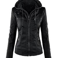 Women's Hooded Black Biker Motorcycle Faux Leather Jacket Stylish Slim Fit Black Ladies Jacket - Thumbnail 5