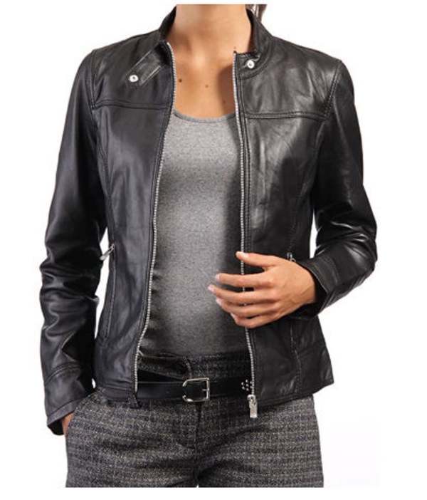 Women Genuine Real Lambskin Leather Jacket Ladies Slim Fit Biker Coat Front Full Zipper Closure