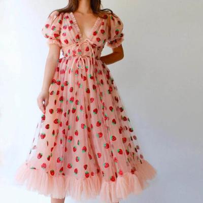 Sexy v-neck belted strawberry long dress