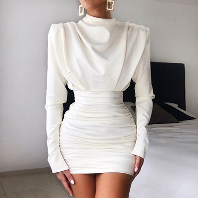 Slim solid color long-sleeved dress - Thumbnail 4