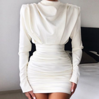 Slim Solid Color Long-Sleeved Dress - Thumbnail 1