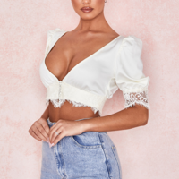 Sexy Puff Sleeves Lace Deep V-Neck Cardigan Top - Thumbnail 2