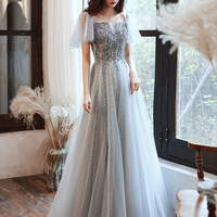 Gray tulle beads prom dress evening dress - Thumbnail 1