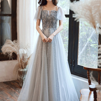 Gray tulle beads prom dress evening dress - Thumbnail 2