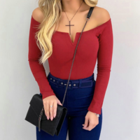 One-Neck Solid Color Casual Slim Long-Sleeved Top - Thumbnail 2