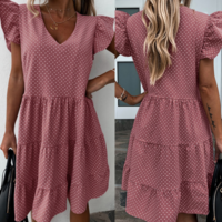 V-Neck Sweet Flounced Chiffon Cake Dress - Thumbnail 1