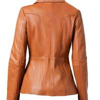 Women Vintage Bikers Moto Racing Real Lambskin Leather Blazar Coat Front Full Zipper Closure Tan - Thumbnail 1