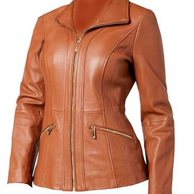 Women vintage bikers moto racing real lambskin leather blazar coat front full zipper closure tan