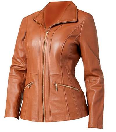 Women Vintage Bikers Moto Racing Real Lambskin Leather Blazar Coat Front Full Zipper Closure Tan