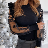 Sweet Round Neck Slim Long Sleeve Top - Thumbnail 4