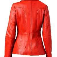Women Vintage Bikers Moto Racing Real Lambskin Leather Blazar Coat Front Full Zipper Closure Red - Thumbnail 1