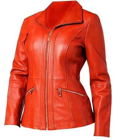 Women Vintage Bikers Moto Racing Real Lambskin Leather Blazar Coat Front Full Zipper Closure Red