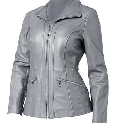 Women vintage bikers moto racing real lambskin leather blazar coat front full zipper closure grey
