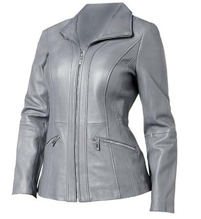 Women Vintage Bikers Moto Racing Real Lambskin Leather Blazar Coat Front Full Zipper Closure Grey