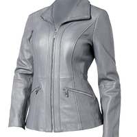 Women Vintage Bikers Moto Racing Real Lambskin Leather Blazar Coat Front Full Zipper Closure Grey - Thumbnail 4
