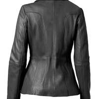 Women Vintage Bikers Moto Racing Real Lambskin Leather Blazar Coat Front Full Zipper Closure Black - Thumbnail 1
