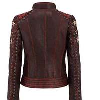 Womens Vintage Cafe Racer Punk Star Motorcycle Distressed Leather Jacket - Thumbnail 1