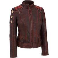 Womens Vintage Cafe Racer Punk Star Motorcycle Distressed Leather Jacket - Thumbnail 4