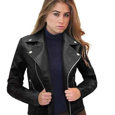 Womens moto biker faux leather moto biker jacket with pockets stylish black