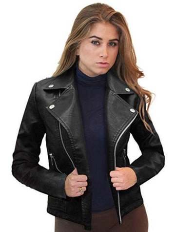 Womens Moto Biker Faux Leather Moto Biker Jacket with Pockets Stylish Black