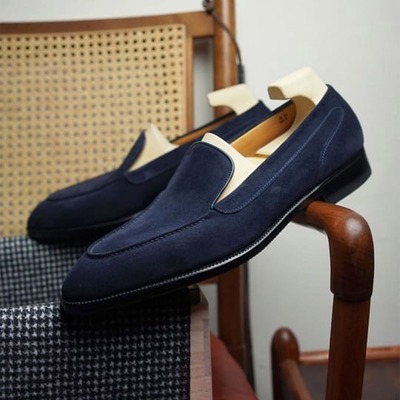 Handmade navy blue round toe decent looks stylish suede formal shoes  - Thumbnail 1