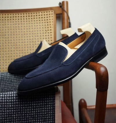 Handmade Navy Blue Round Toe Decent Looks Stylish Suede Formal Shoes 