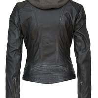 Women Moto Biker Motorcycle Racing Leather Jackets Removable Hood Lockable Black - Thumbnail 1