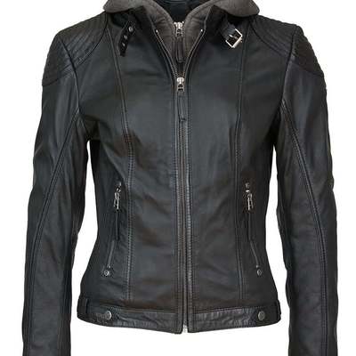 Women moto biker motorcycle racing leather jackets removable hood lockable black - Thumbnail 1