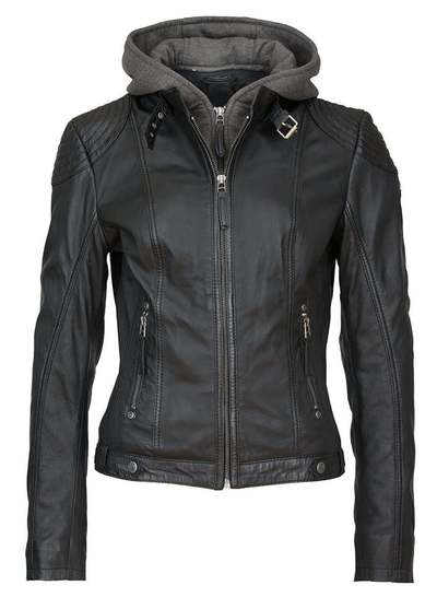 Women Moto Biker Motorcycle Racing Leather Jackets Removable Hood Lockable Black