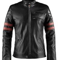 Men's Retro Fight Club Hybrid Biker Black Faux Leather Jacket with Red Stripes - Thumbnail 4