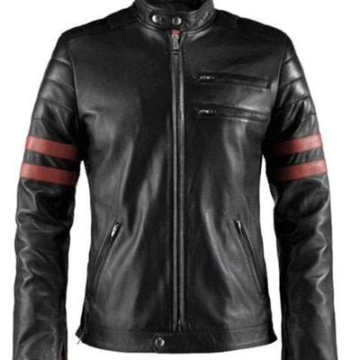 Men's retro fight club hybrid biker black faux leather jacket with red stripes