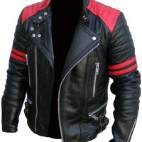 HANDMADE Brando Classic Jacket for Man Real Black & RED Leather Jacket for Man Motorbike Jacket for Men Leather Jacket Red Stripe - Thumbnail 4