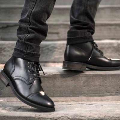 Classic black leather cap toe ankle high lace up winter christmas boot