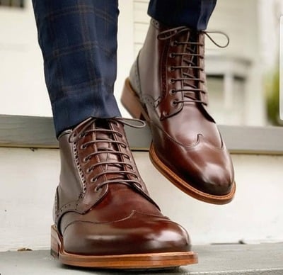 Handmade Brown Wing Tip Lace Up Boot, Men's Leather Ankle Boot