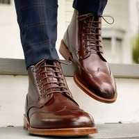 Handmade Brown Wing Tip Lace Up Boot, Men's Leather Ankle Boot - Thumbnail 4