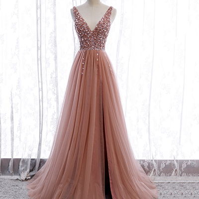 Pink v neck tulle beads prom dress a line evening dress - Thumbnail 3