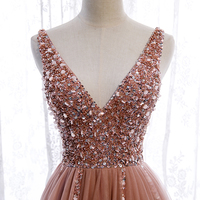 Pink v neck tulle beads prom dress A line evening dress - Thumbnail 1
