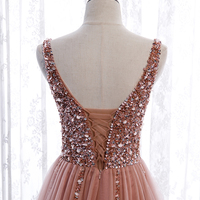 Pink v neck tulle beads prom dress A line evening dress - Thumbnail 2
