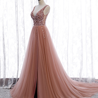 Pink v neck tulle beads prom dress A line evening dress - Thumbnail 3