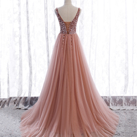 Pink v neck tulle beads prom dress A line evening dress - Thumbnail 4