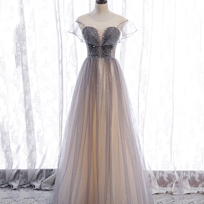 Gray tulle sequins prom dress gray evening dress - Thumbnail 1