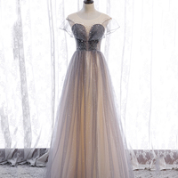 Gray tulle sequins prom dress gray evening dress - Thumbnail 5