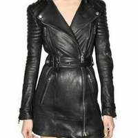 100% Real NEW HEAVY Black Leather Trench Coat Women's Lambskin Leather Biker Quilted Leather Mini Trench Dress Winter Jacket - Thumbnail 1